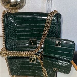 Victoria's Secret Dark Green Croc-Embossed Bag with Gold Chain